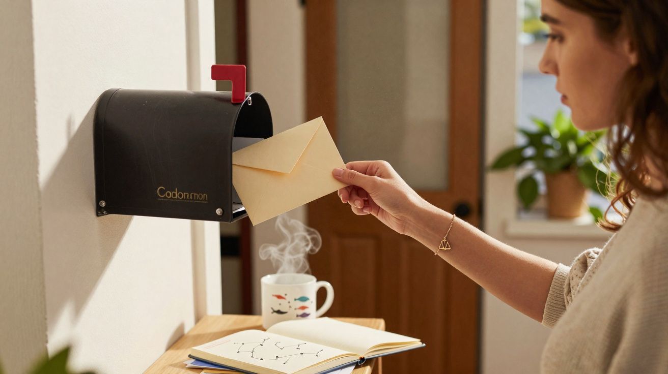 Mulher a colocar envelope numa caixa de correio preta com café quente e livro numa mesa ao fundo.