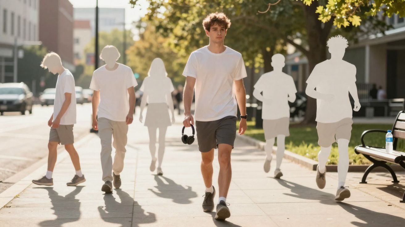 Jovem a caminhar de branco num passeio urbano, rodeado por silhuetas desfocadas de outras pessoas.