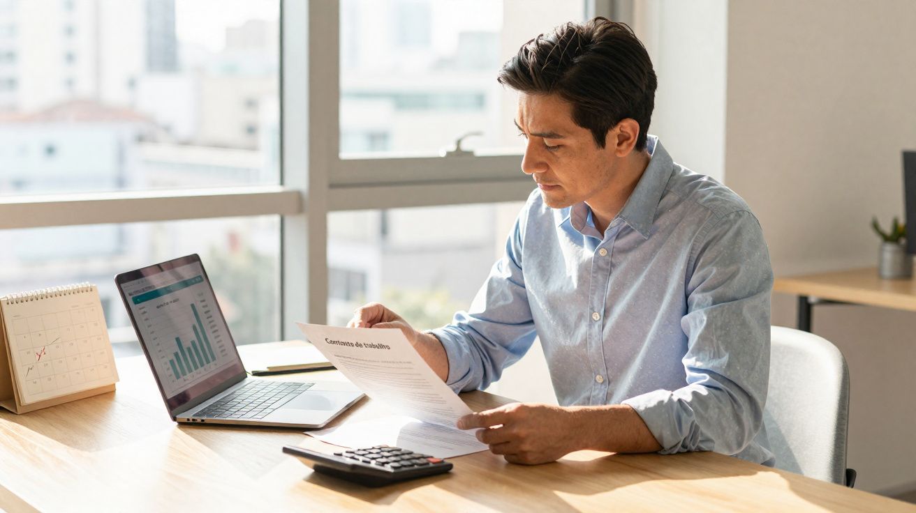Homem analisa relatório financeiro sentado à secretária com computador portátil, calculadora e calendário.