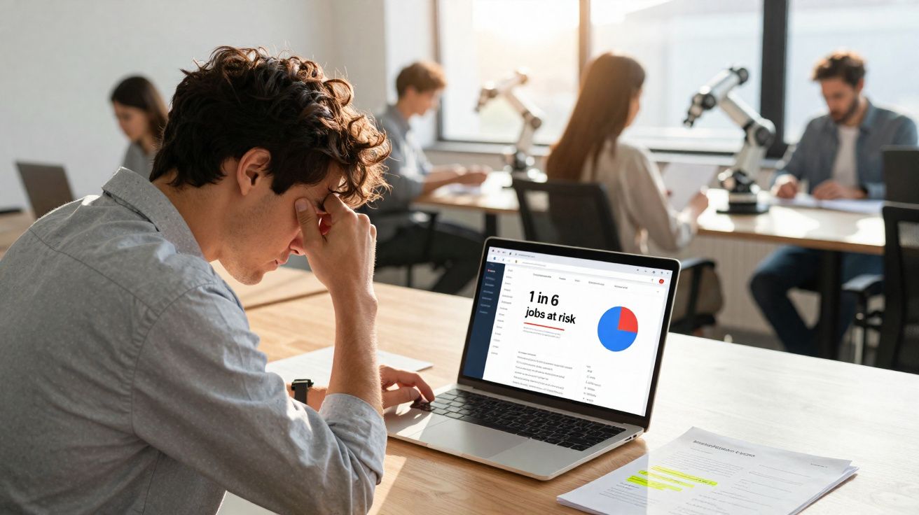 Homem preocupado com resultados no portátil numa sala de trabalho com outras pessoas em fundo desfocado.