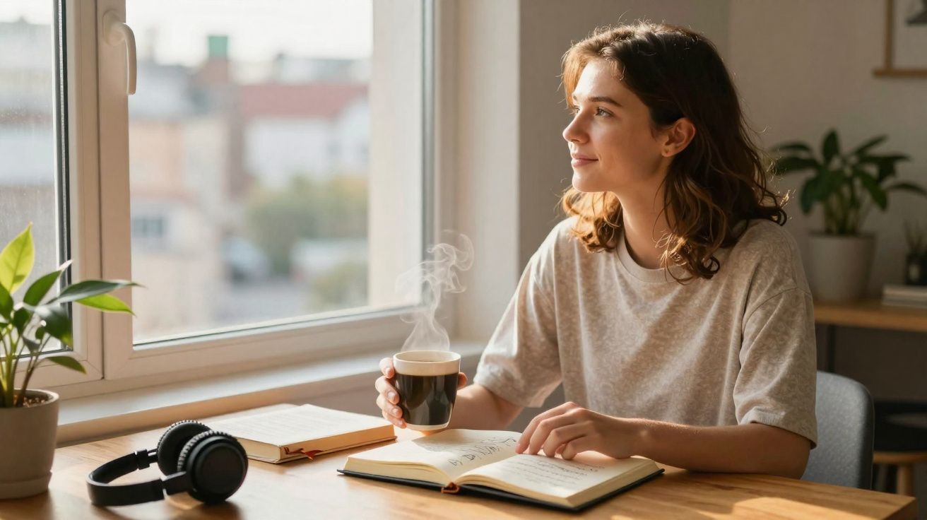 Mulher sentada a ler um livro, segurando uma chávena de café quente junto a uma janela iluminada.