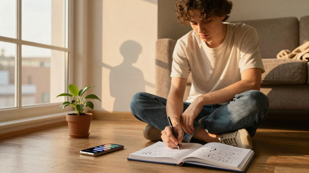 Jovem sentado no chão a desenhar num caderno, com smartphone e planta ao lado, junto a uma janela grande.