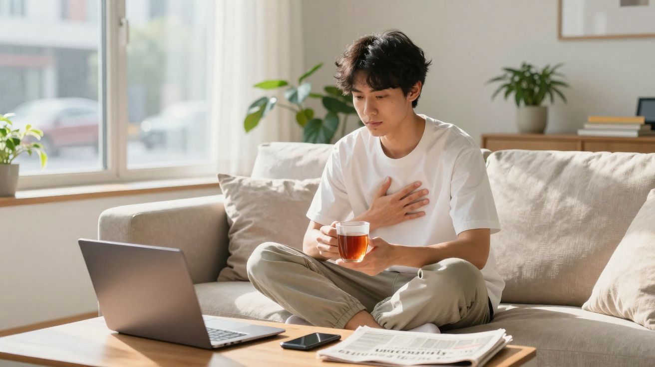 Homem sentado no sofá segura chá e toca no peito enquanto olha para portátil numa sala iluminada.