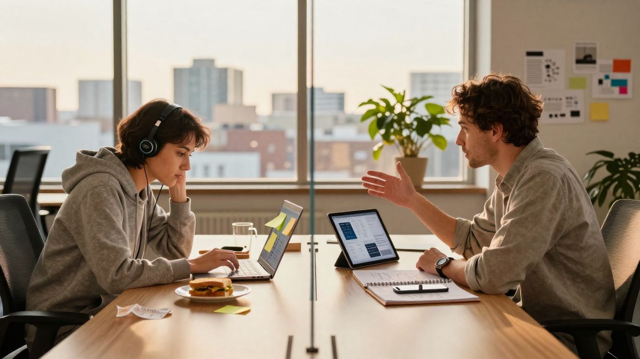 Duas pessoas em escritório a trabalhar, uma com auscultadores no portátil e outra a explicar algo com tablet e caderno à fren