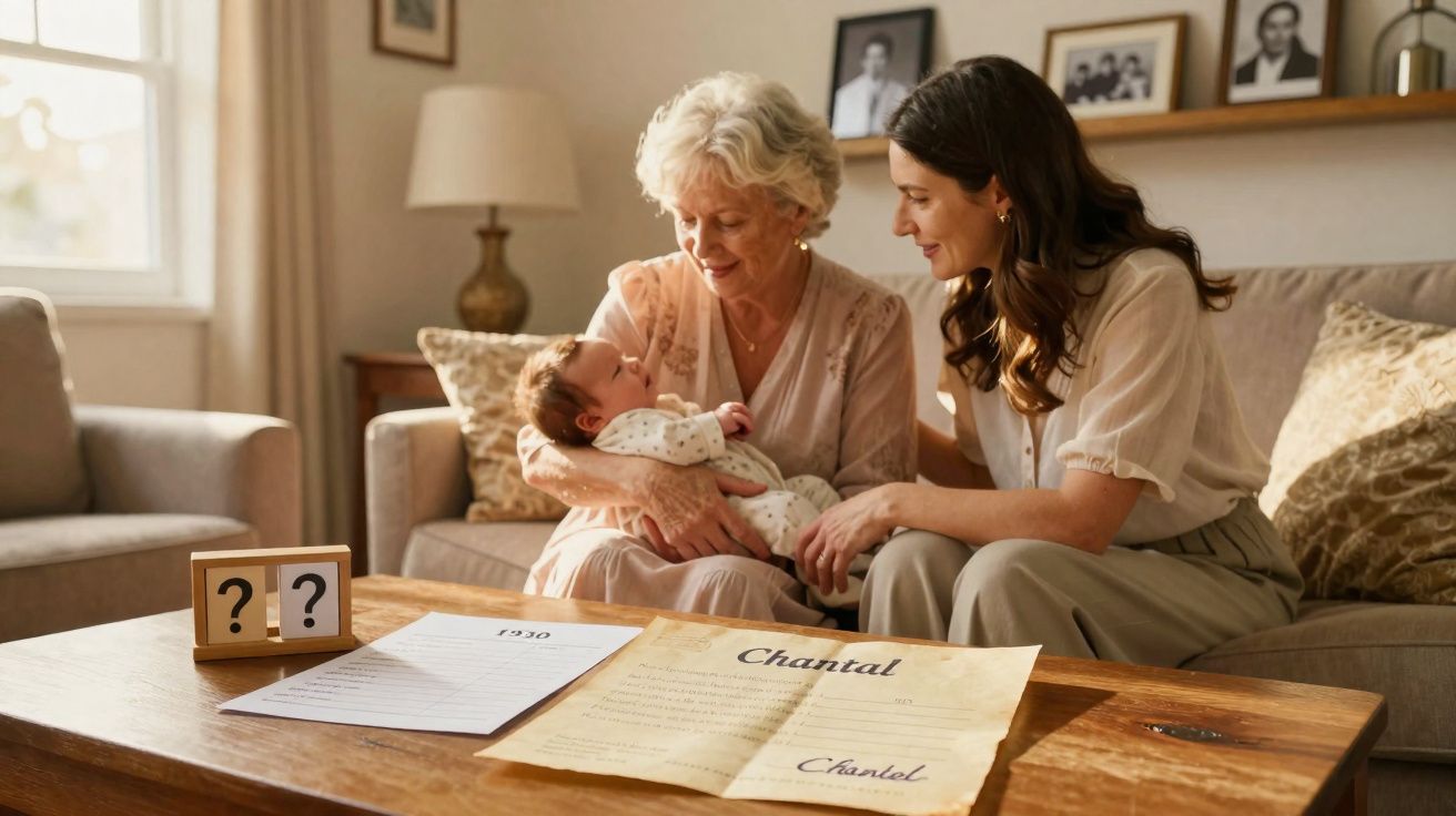 Avó e mãe sorrindo para bebé ao colo num sofá, com documentos e calendário na mesa de madeira.