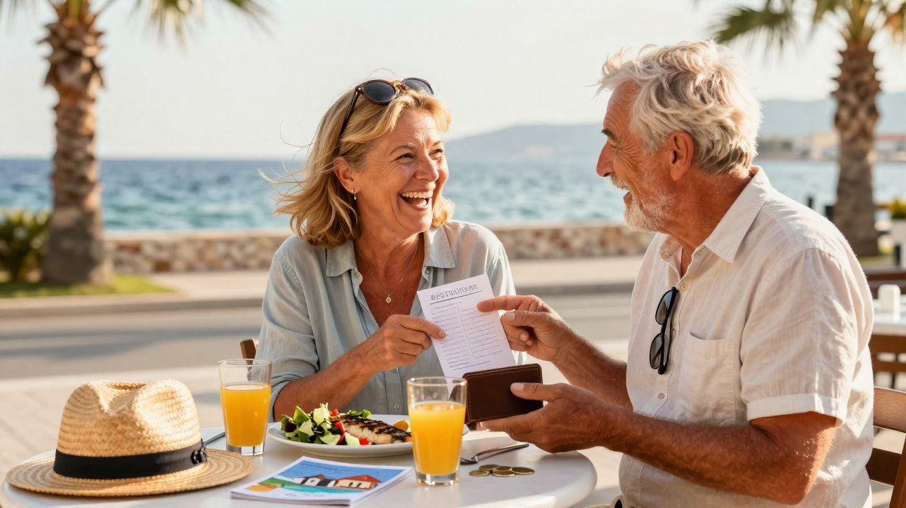 Casal sénior feliz paga a conta num café ao ar livre junto ao mar, com sumos e salada na mesa.