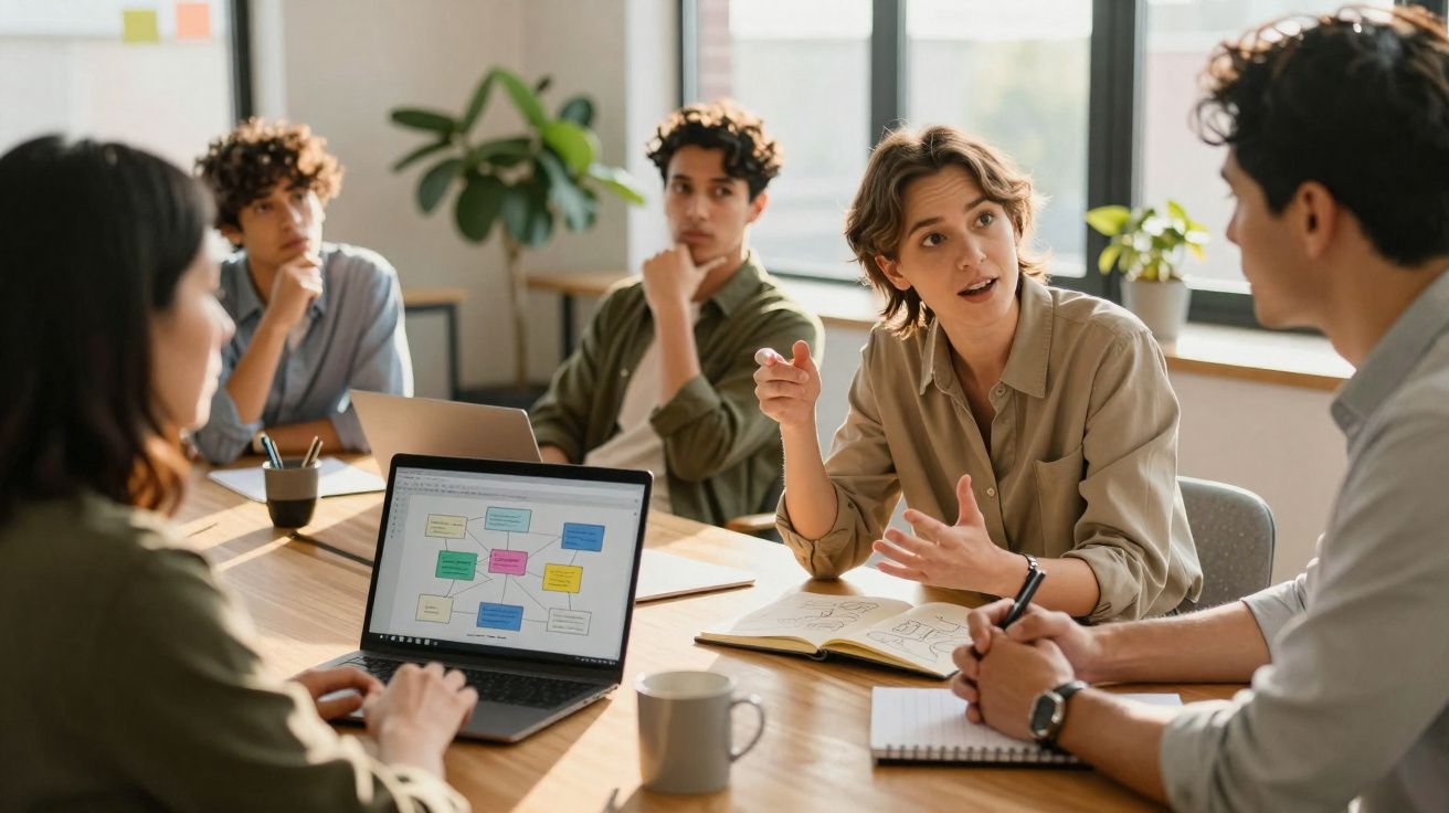 Grupo de jovens reunidos à volta de mesa numa reunião de trabalho com laptop e cadernos num escritório iluminado.
