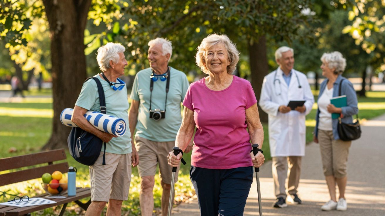 Idosa a fazer caminhada com bastões no parque, outros idosos e médicos ao fundo em ambiente ensolarado.