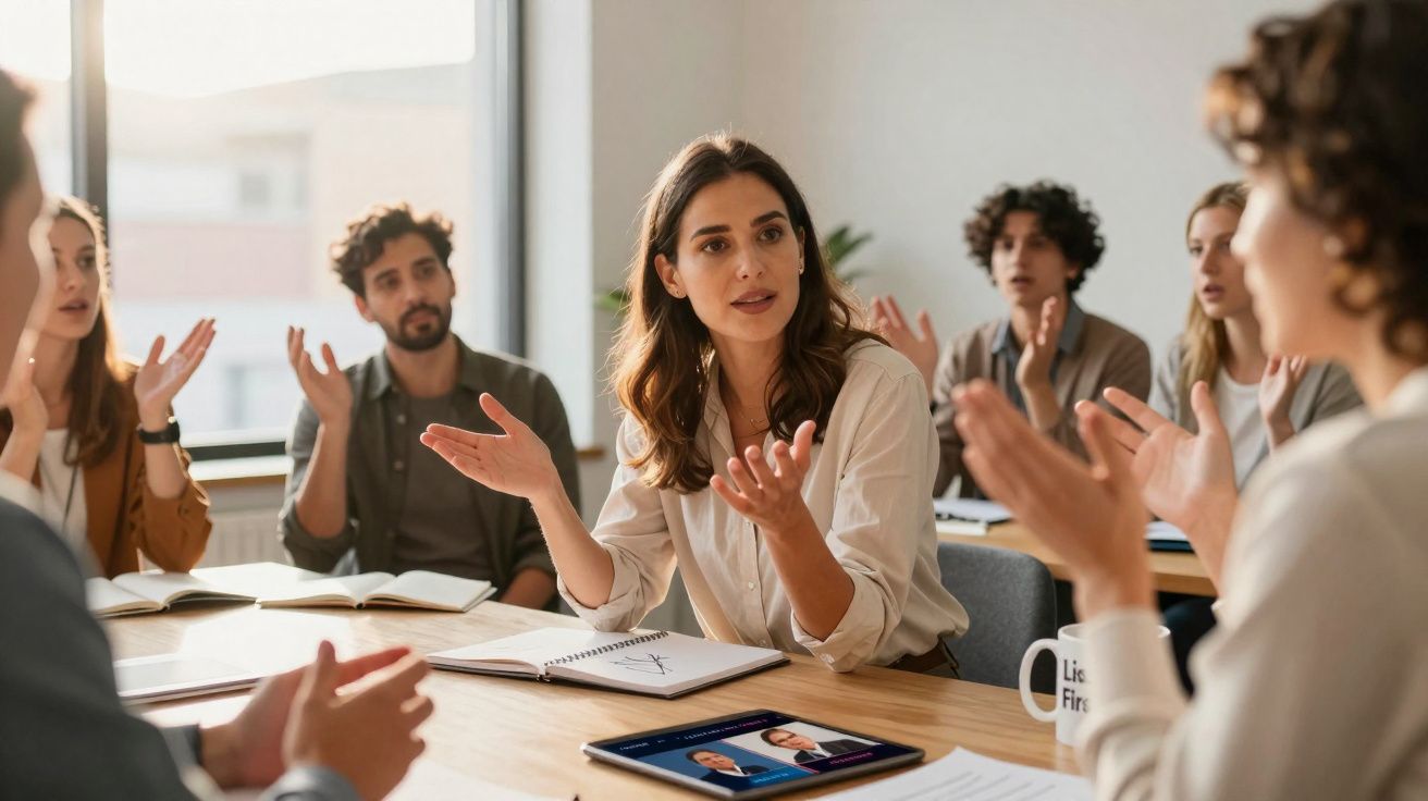 Grupo de pessoas discute e debate em reunião de trabalho numa sala iluminada.
