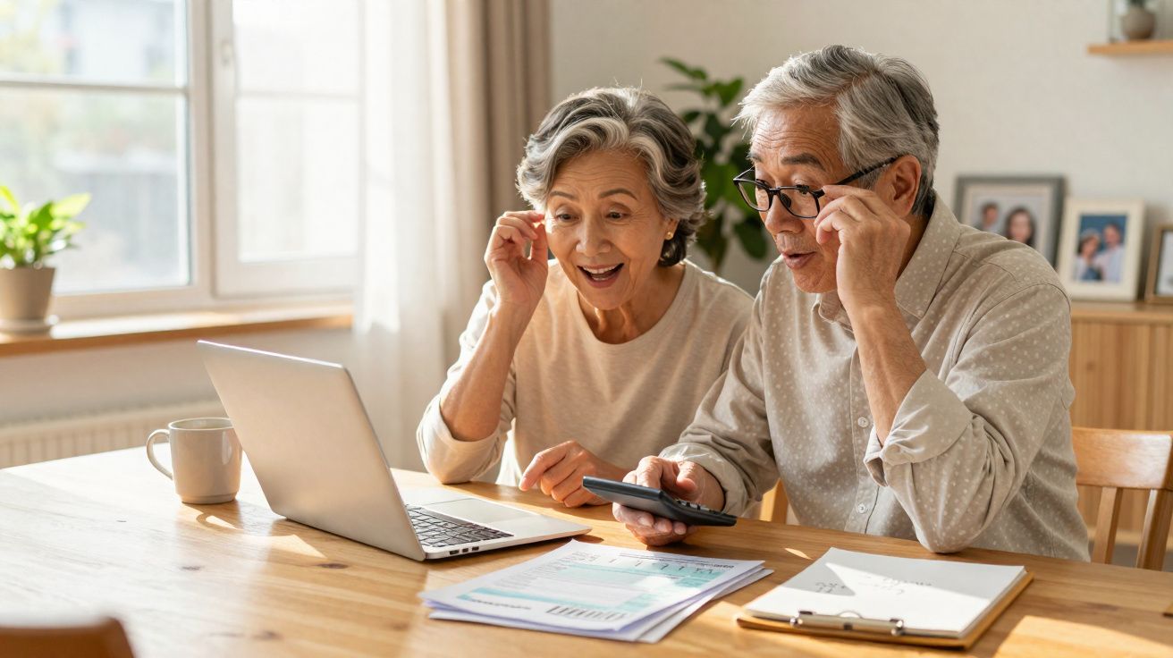 Casal sénior sentado à mesa, a usar portátil e calculadora, rodeado de documentos e caneca de café.