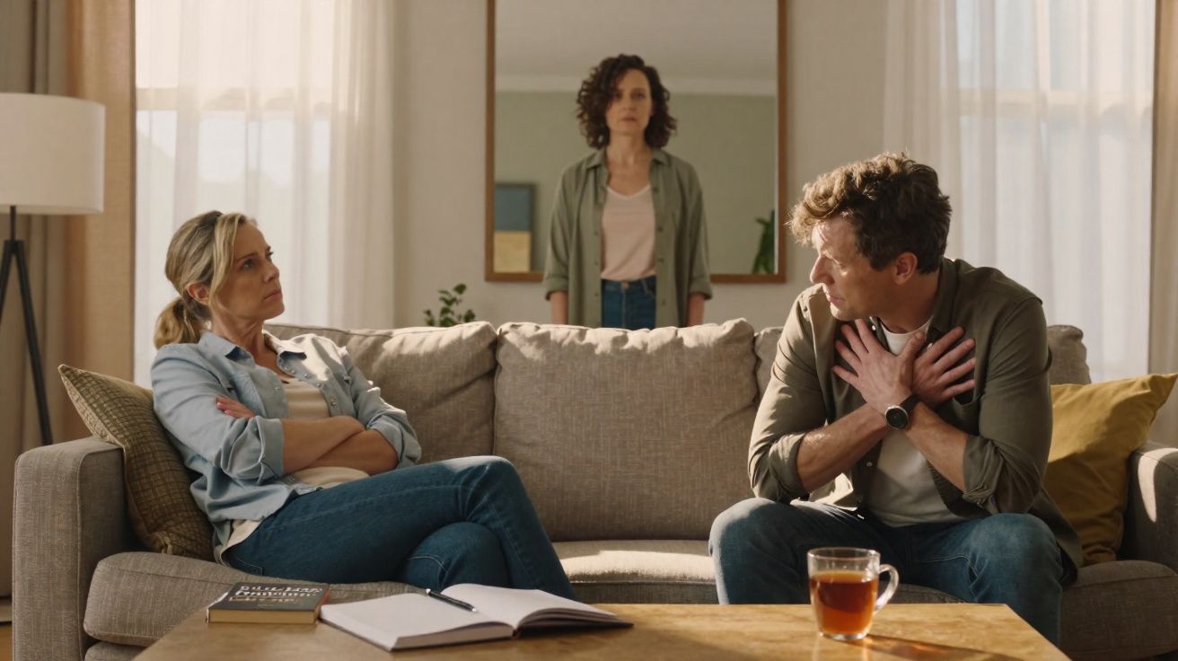 Três adultos numa sala, dois sentados no sofá a discutir e uma terceira pessoa de pé ao fundo a observar.