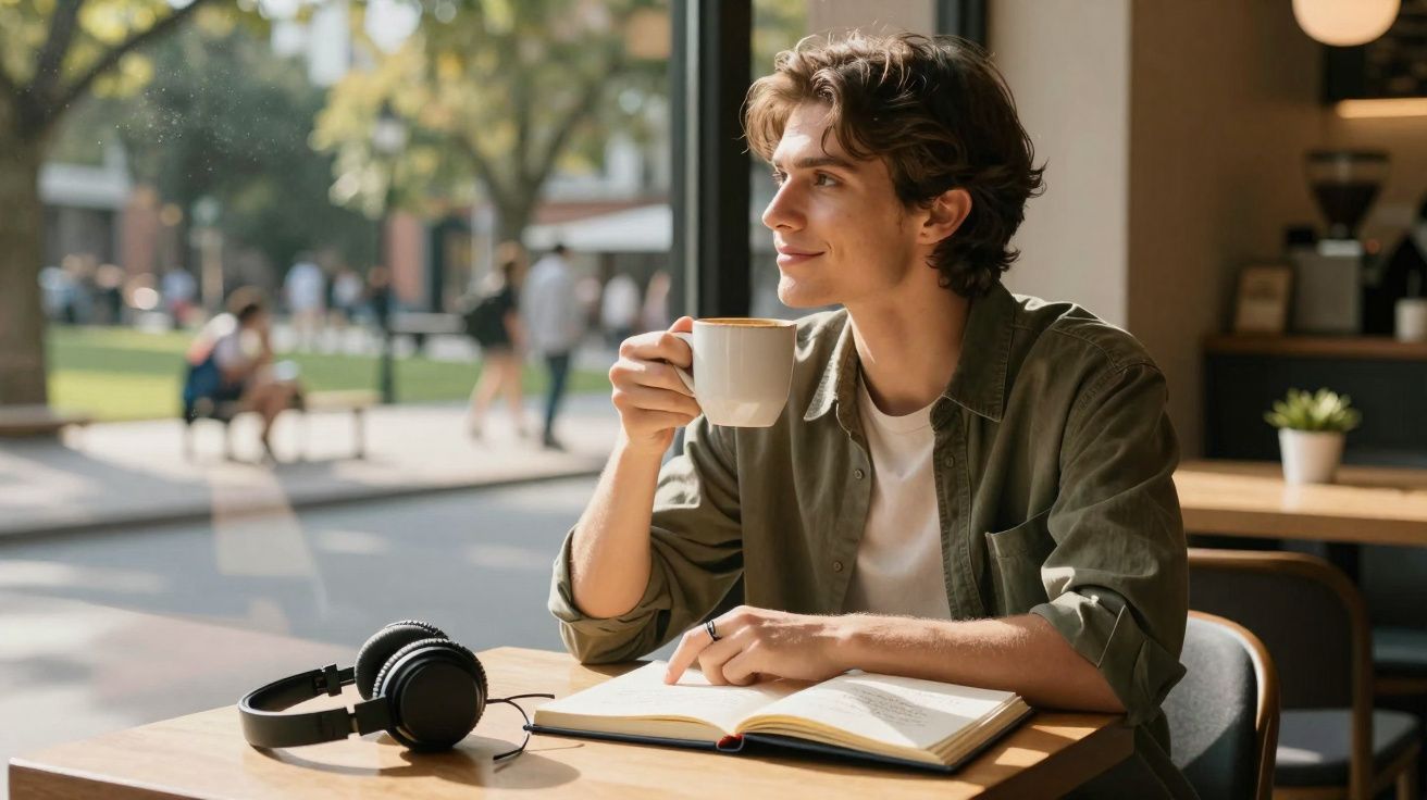 Jovem a beber café numa esplanada enquanto lê um livro, com auscultadores sobre a mesa.