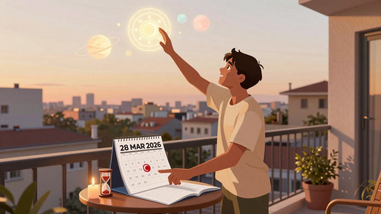 Rapaz num terraço a apontar para o sistema solar digital com calendário aberto na data 28 de março de 2026.