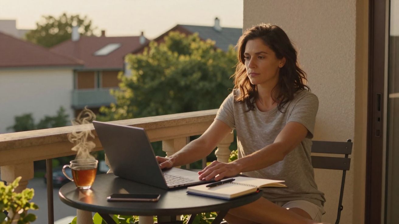 Mulher sentada numa varanda a trabalhar num portátil com chá quente numa mesa redonda preta.