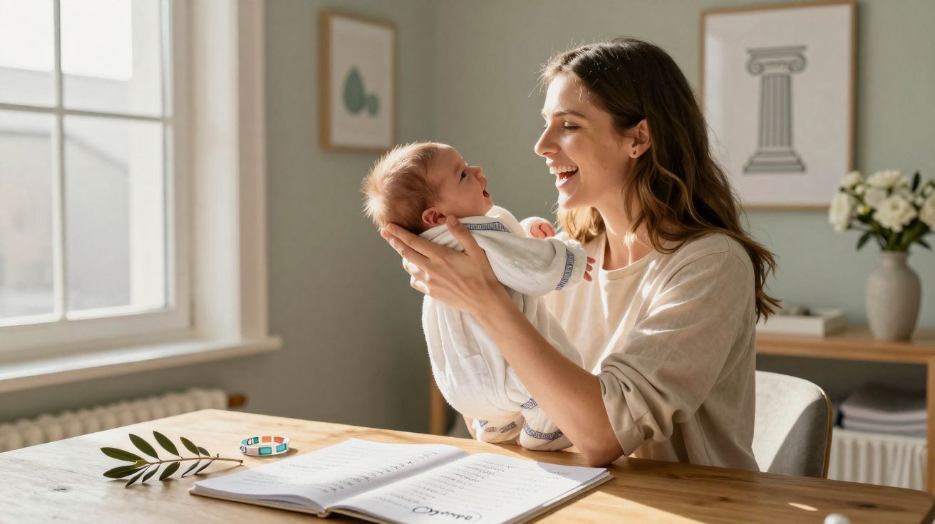 Mulher sorridente segura bebé junto a mesa com folhas de papel e decoração minimalista.