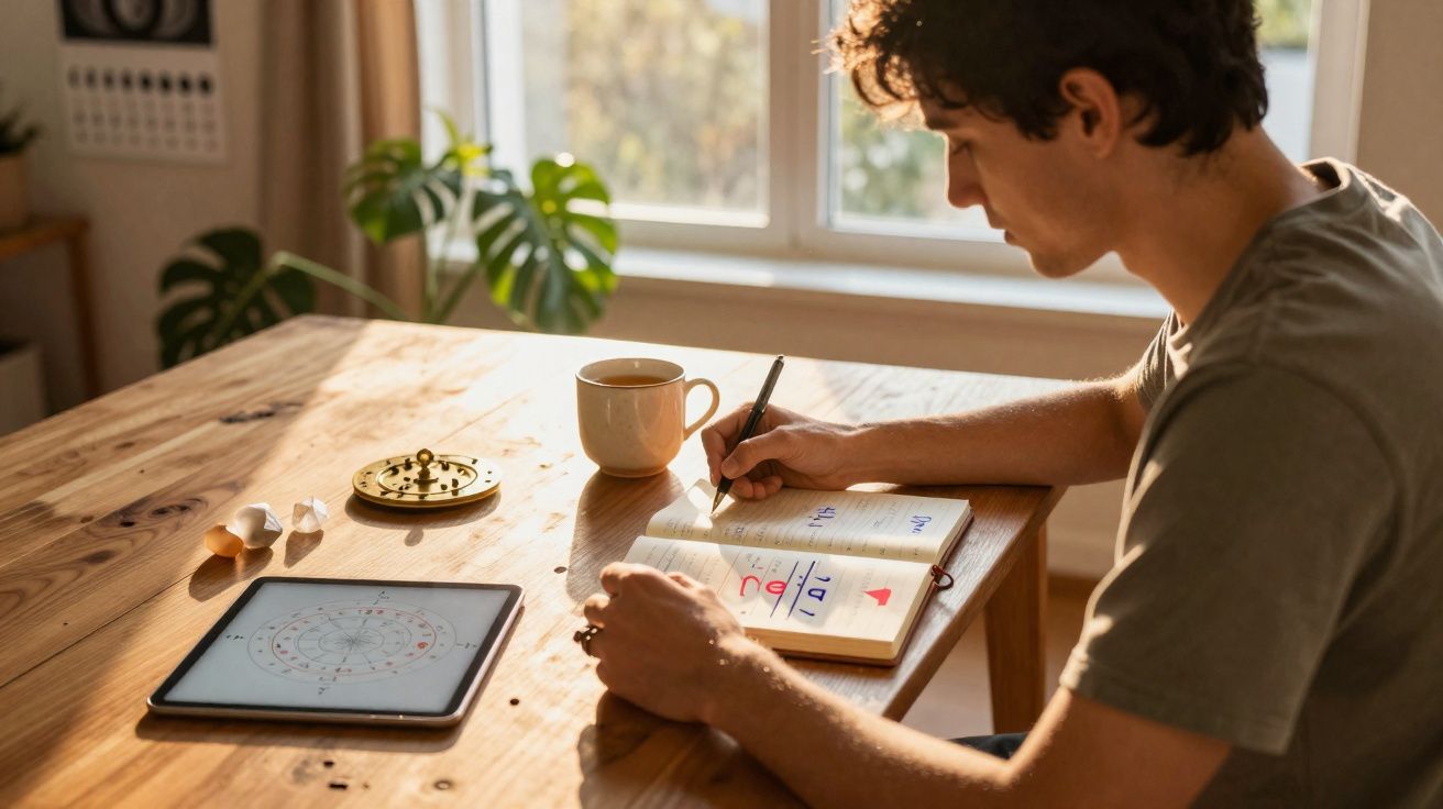 Jovem a escrever num caderno com smartphone, chá, e tablet com mapa astrológico numa mesa de madeira.