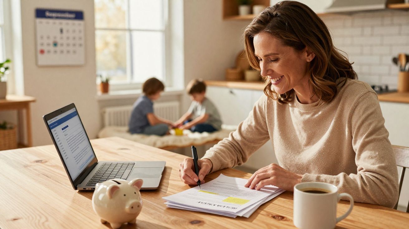 Mulher sentada numa mesa a trabalhar em documentos com computador, chávena e mealheiro, enquanto duas crianças brincam ao fun