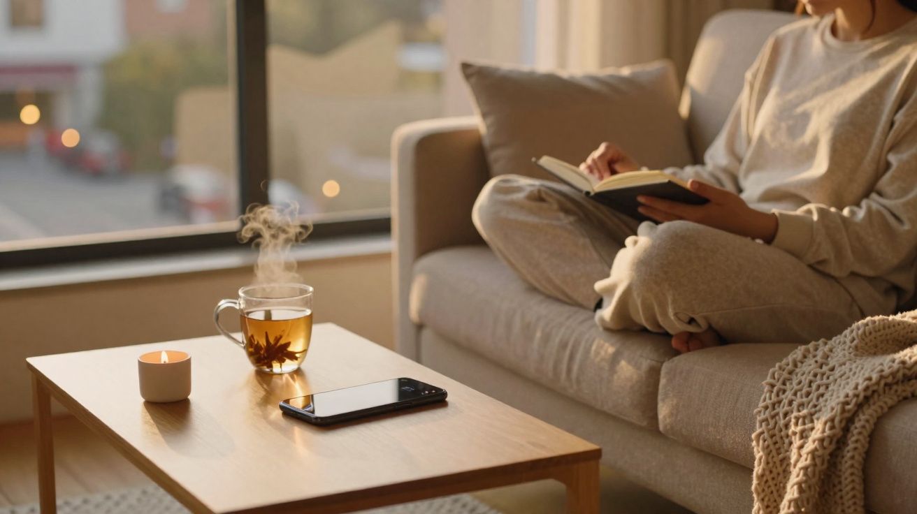 Pessoa sentada no sofá a ler livro com chá quente e vela acesa numa mesa de madeira à frente.