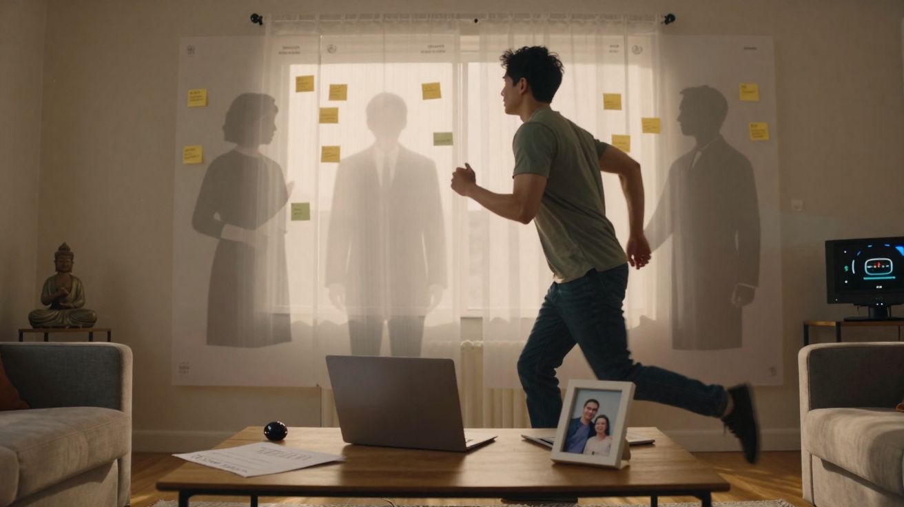 Homem a correr numa sala com sombras de três pessoas numa cortina transparente atrás dele.