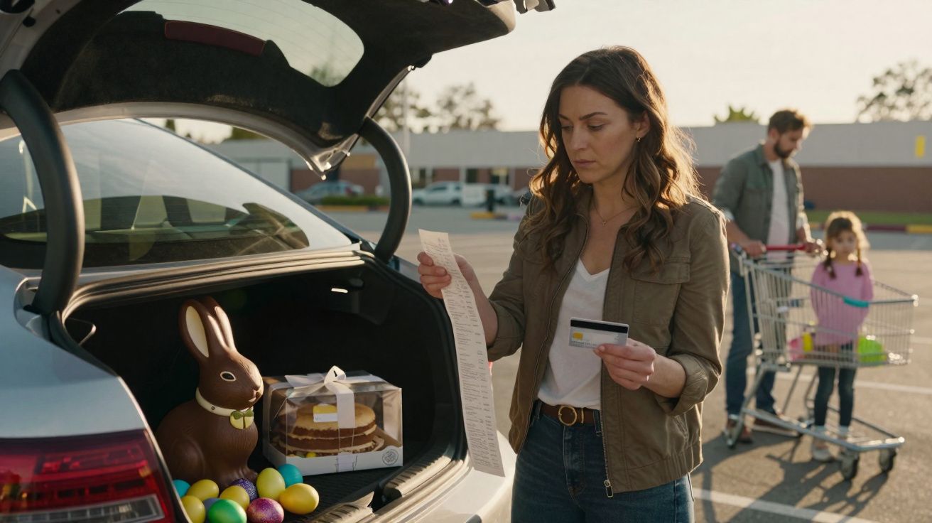 Mulher a verificar o talão de compras no parque de estacionamento, com presentes pascais no porta-bagagens do carro.
