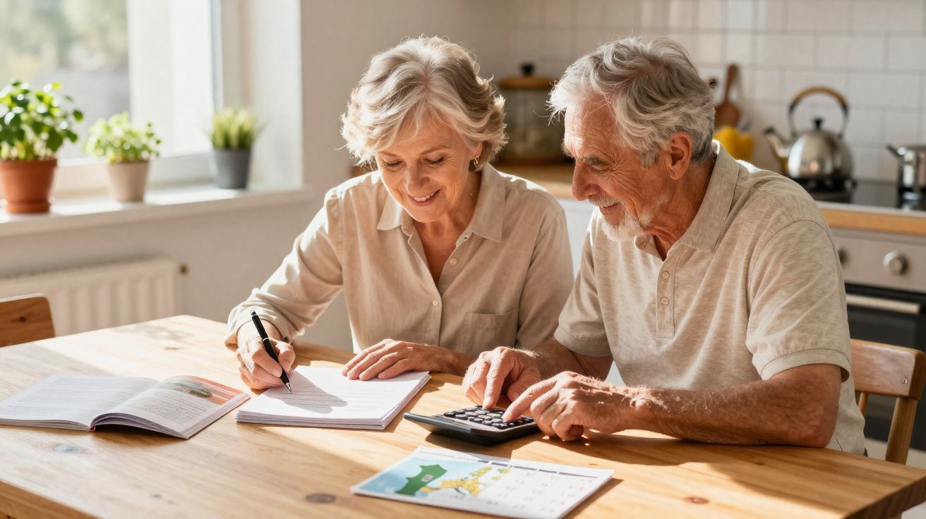 Casal sénior feliz a calcular finanças domésticas numa cozinha luminosa.