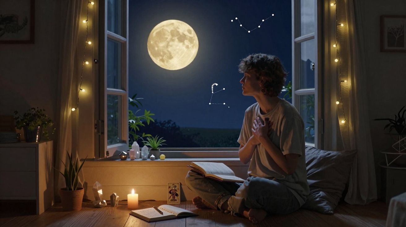 Pessoa sentada na janela à noite, a observar a lua cheia e constelações, rodeada de plantas e livros.