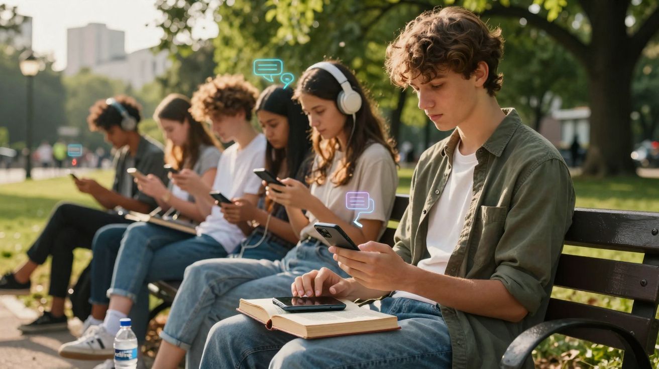 Jovens sentados num banco de jardim a usar telemóveis, alguns com auscultadores, numa tarde soalheira.