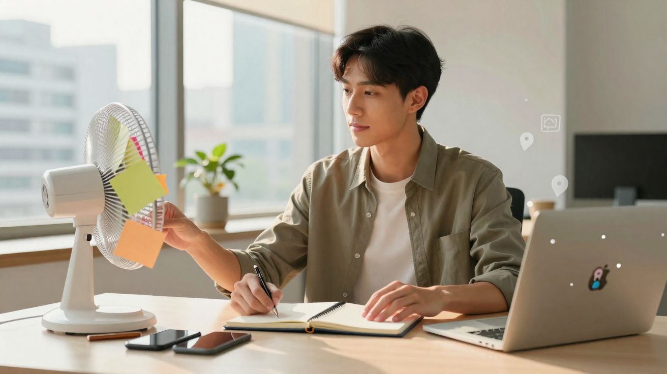 Homem a trabalhar num escritório com caderno, portátil, telemóveis e a usar uma ventoinha de secretária.
