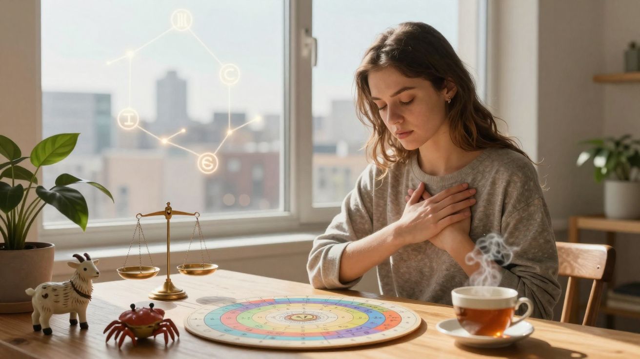 Mulher a meditar com cartas astrológicas numa mesa, chá fumegante e símbolos astrológicos flutuantes.