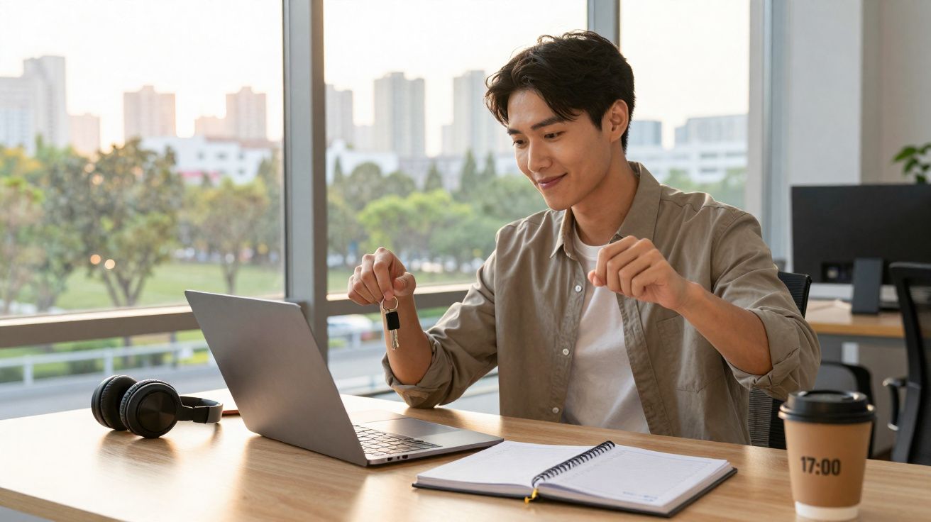 Homem com expressão feliz sentado numa secretária com portátil, caderno e café, segurando um chaveiro.