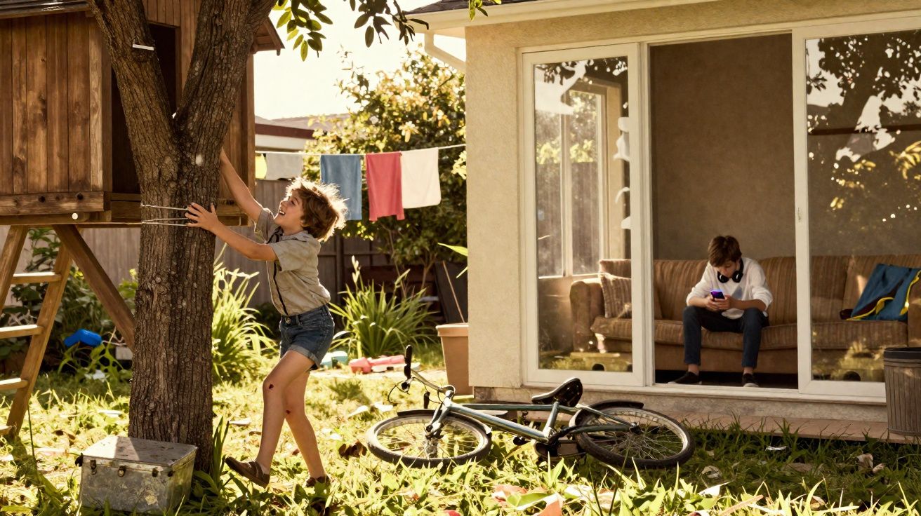Criança a subir numa árvore para entrar numa casa da árvore, enquanto adolescente está sentado dentro de casa a olhar para o 