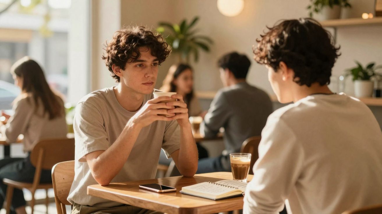Dois jovens conversam numa mesa de café, um segura uma chávena, livros e telemóvel sobre a mesa.