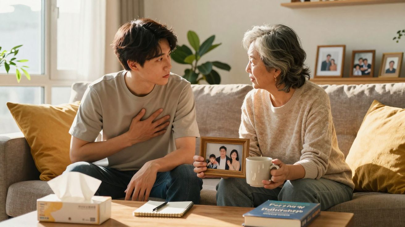Homem jovem conversa com idosa que segura foto de família enquanto estão sentados no sofá.