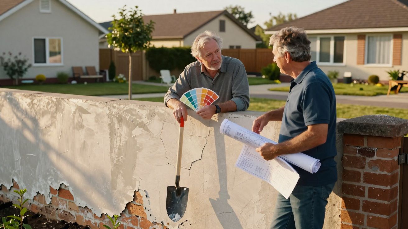 Dois homens discutem projetos e cores para a reparação de um muro danificado numa zona residencial.