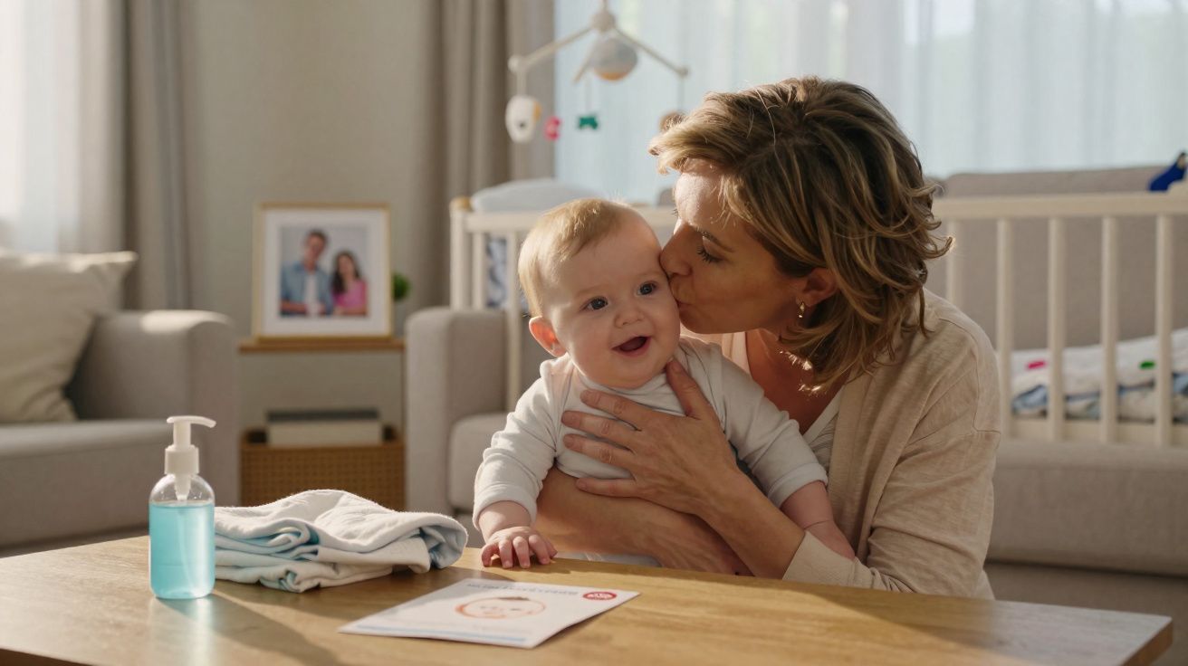Mulher abraça e beija bebé sorridente num quarto luminoso com berço e fraldas ao fundo.