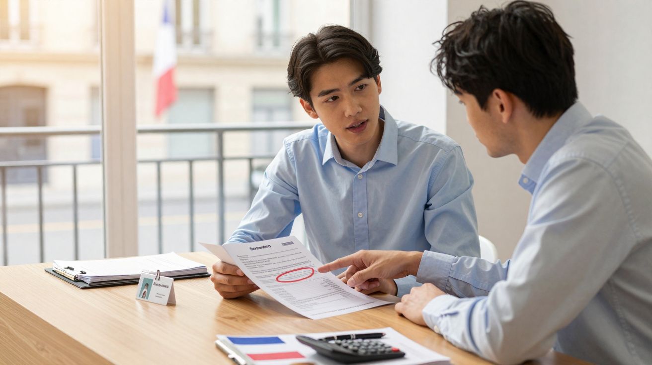 Dois homens em camisa azul discutem um documento destacado com um círculo vermelho numa mesa luminosa.