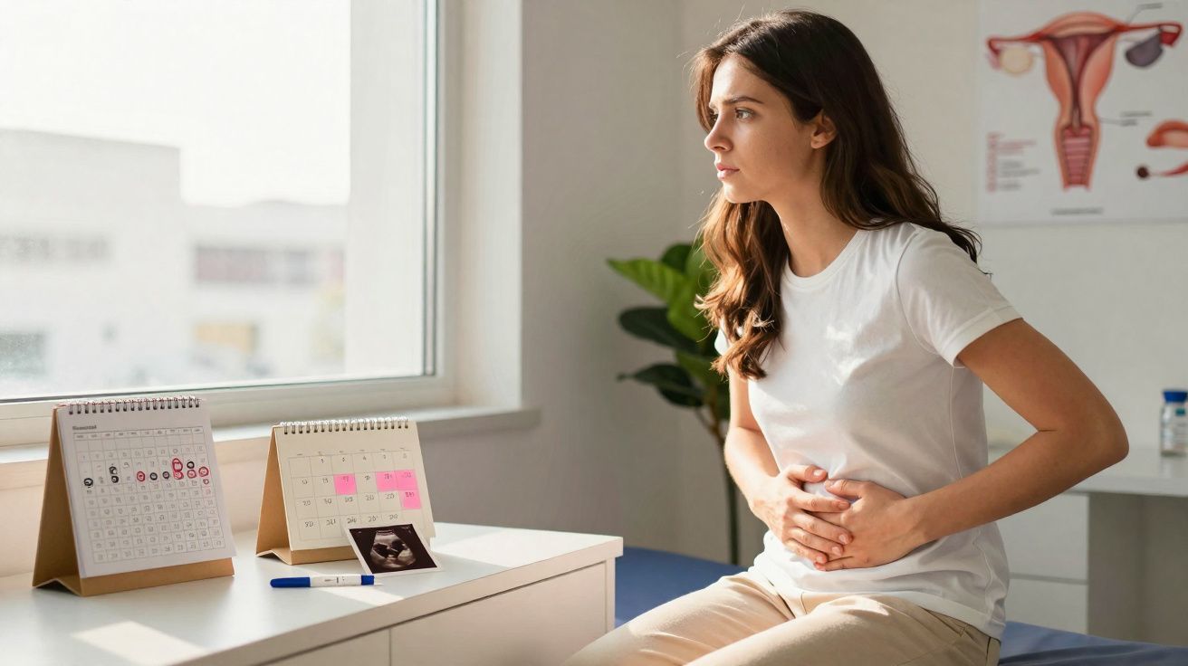 Mulher sentada em clínica médica segurando a barriga, possivelmente com dores abdominais, olhando pela janela.