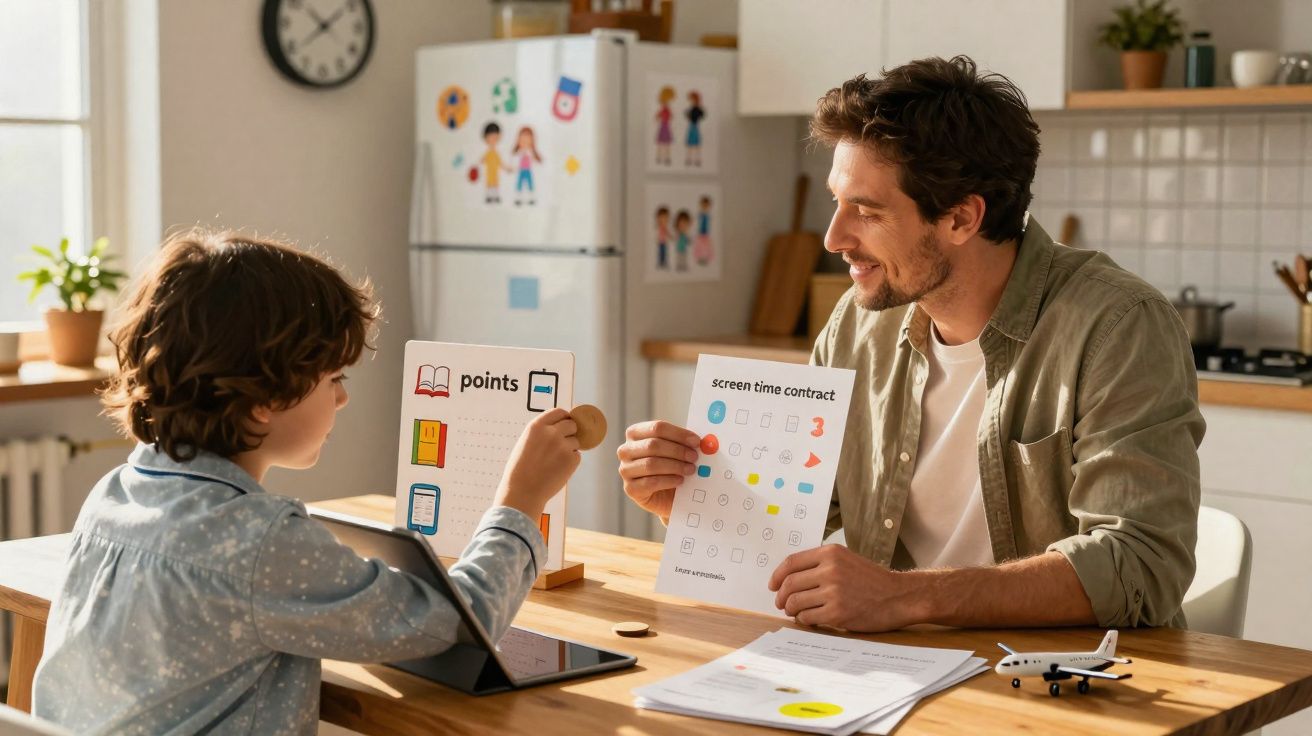 Pai e filho sentados à mesa da cozinha a fazer um contrato de tempo de ecrã, com tablet e tabuleiro de pontos.