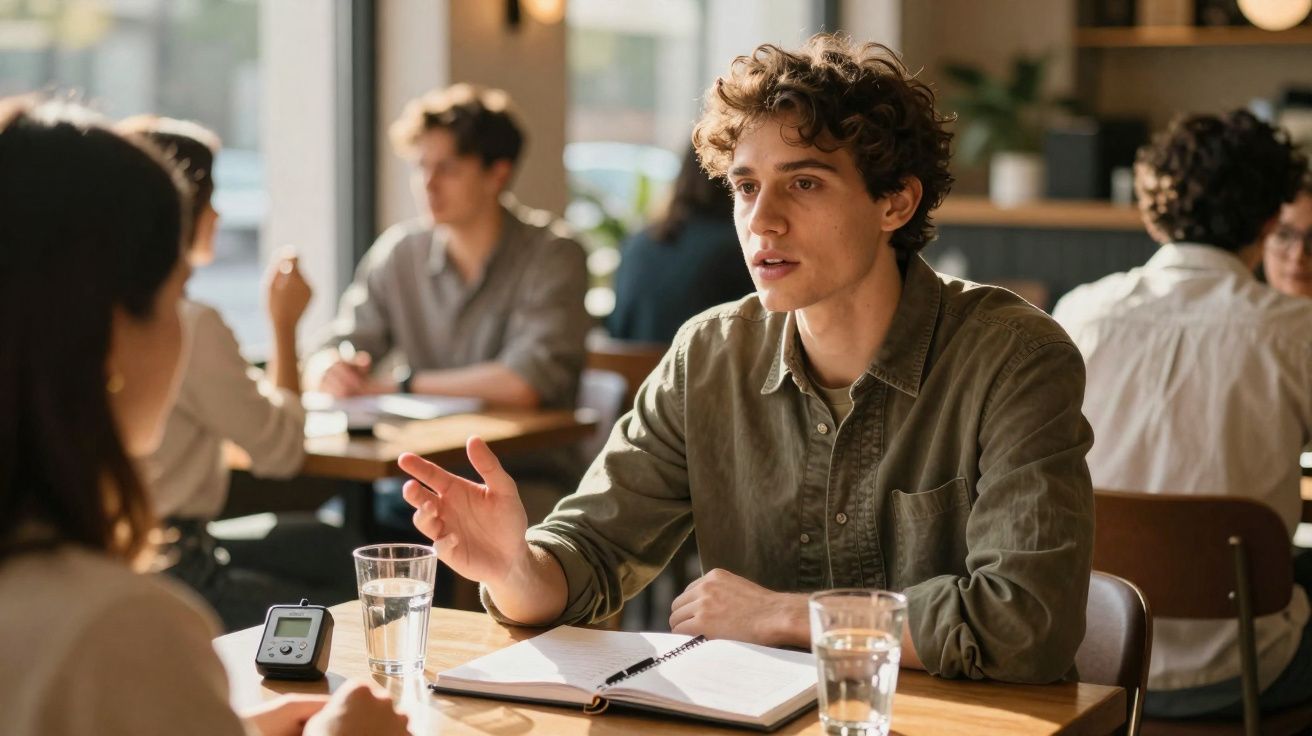 Jovem a conversar e a explicar ideias a outra pessoa numa mesa com bloco de notas e copos de água.