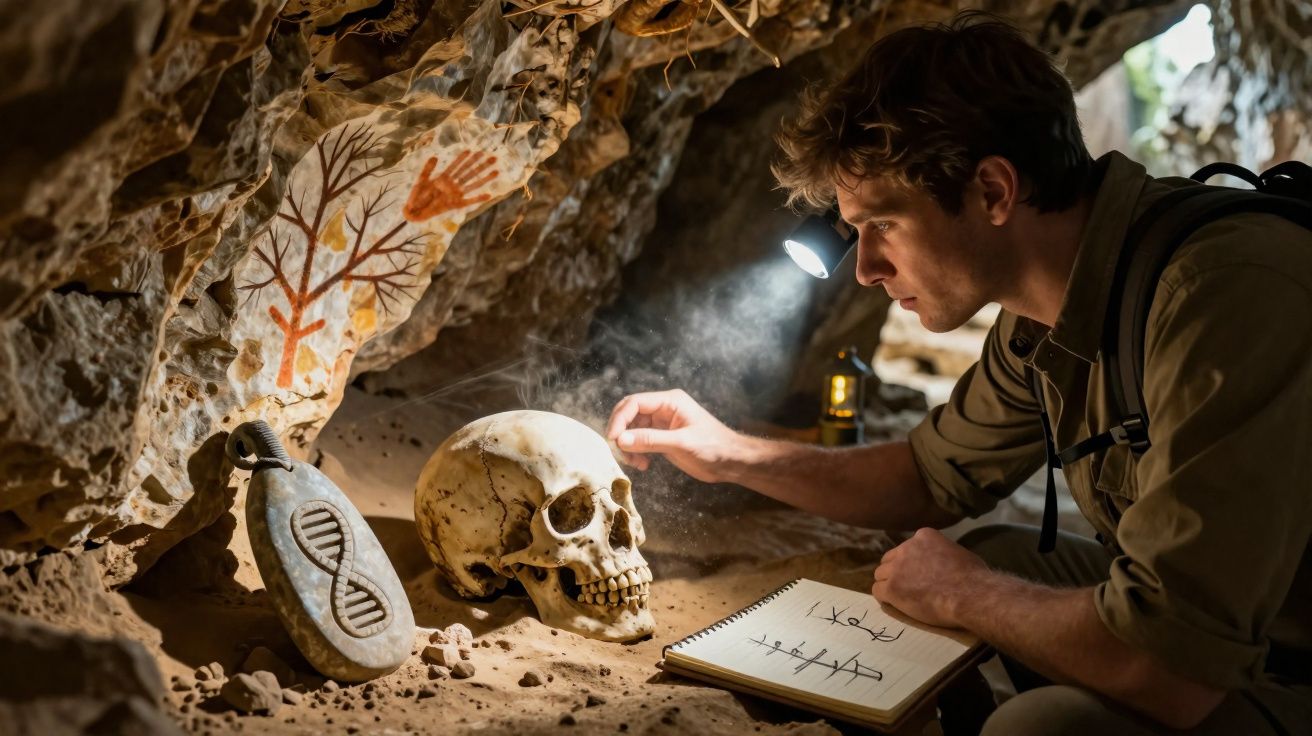 Homem explora caverna com crânio, desenhos rupestres e anotações em caderno.