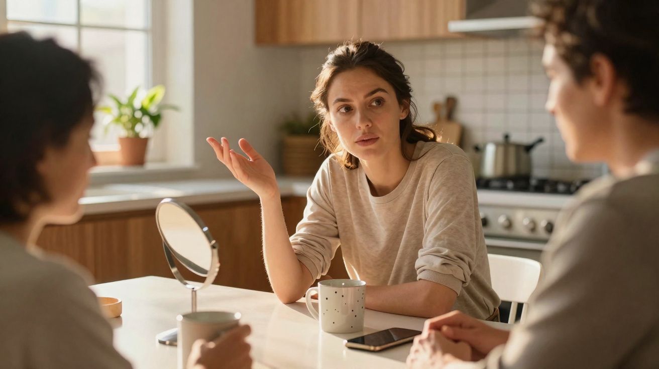 Três mulheres sentadas à mesa da cozinha a conversar, com canecas e um telemóvel à frente.