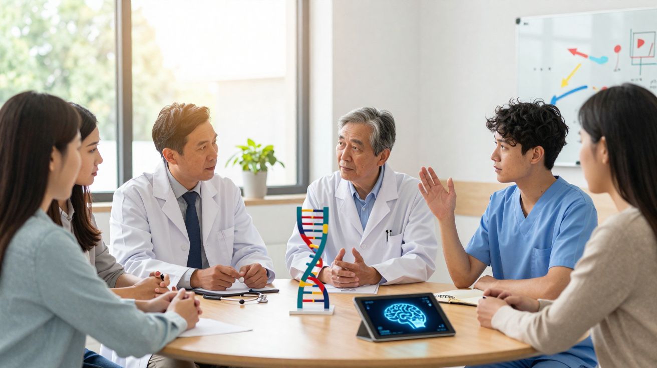 Grupo de profissionais de saúde em reunião, com modelo de ADN e tablet com imagem do cérebro sobre a mesa.
