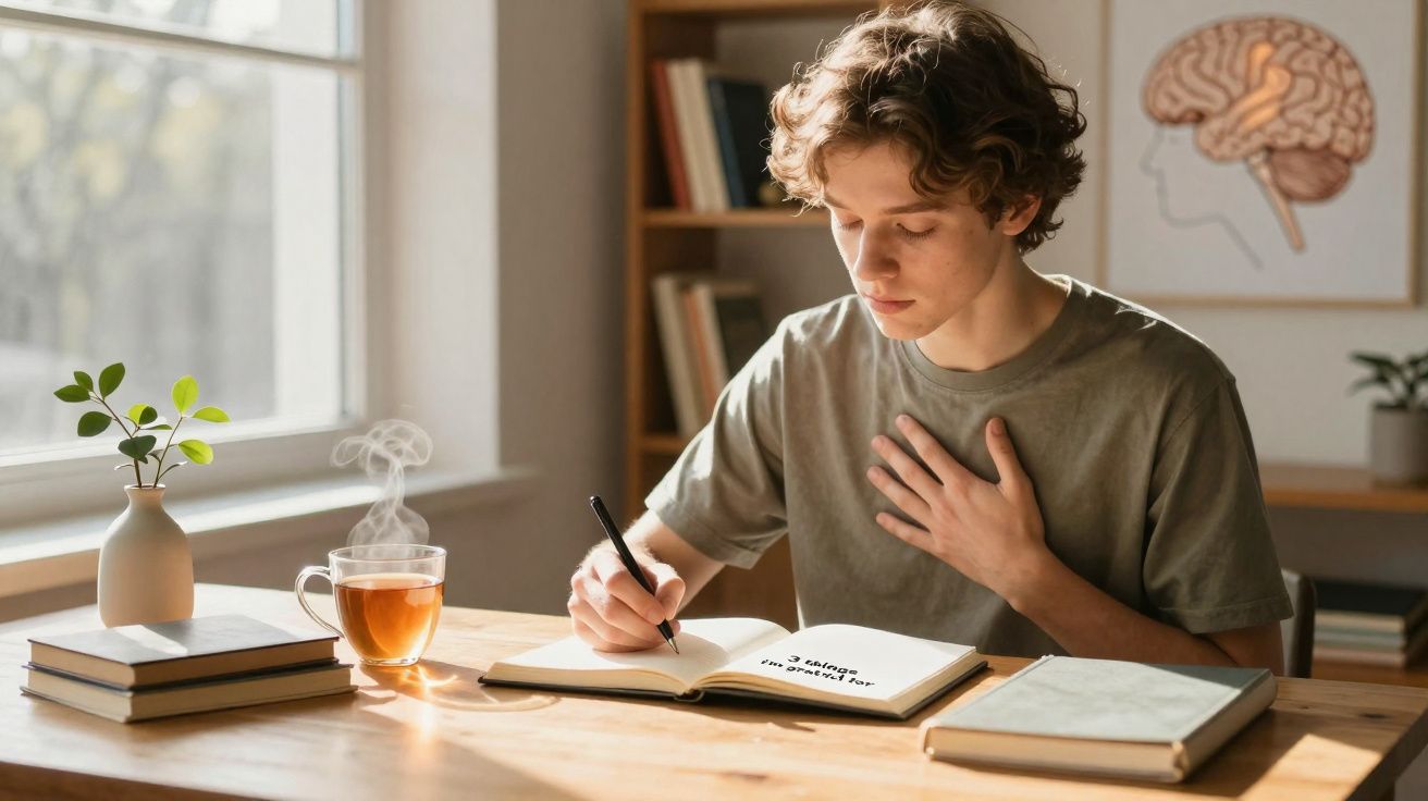 Jovem sentado a escrever num caderno numa mesa com livros, chá e planta junto a uma janela iluminada.