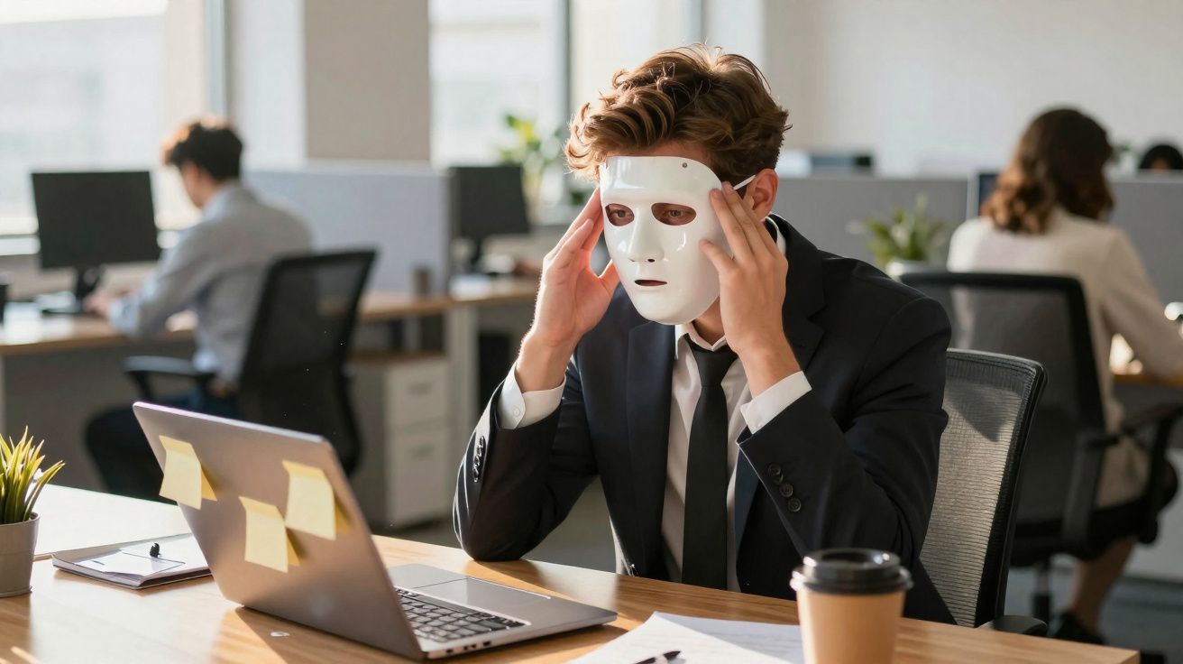 Homem de fato sentado em escritório a colocar máscara branca no rosto junto a computador portátil.