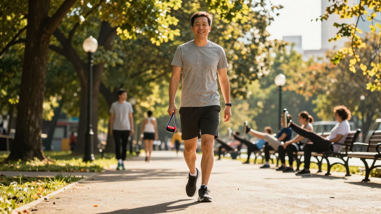 Homem a caminhar num parque ensolarado segurando garrafa de água, com pessoas a exercitar-se nos bancos.