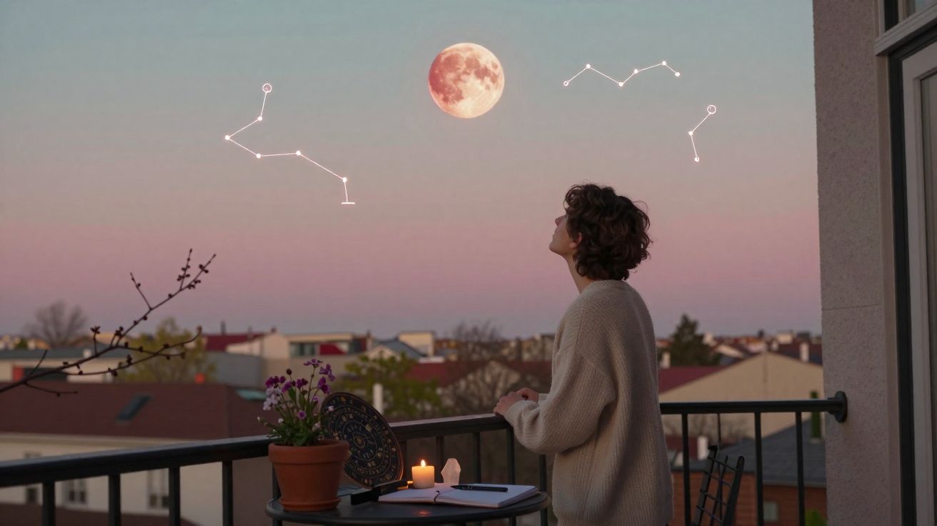 Pessoa no terraço ao pôr do sol olhando para a lua cheia com constelações desenhadas no céu rosa.