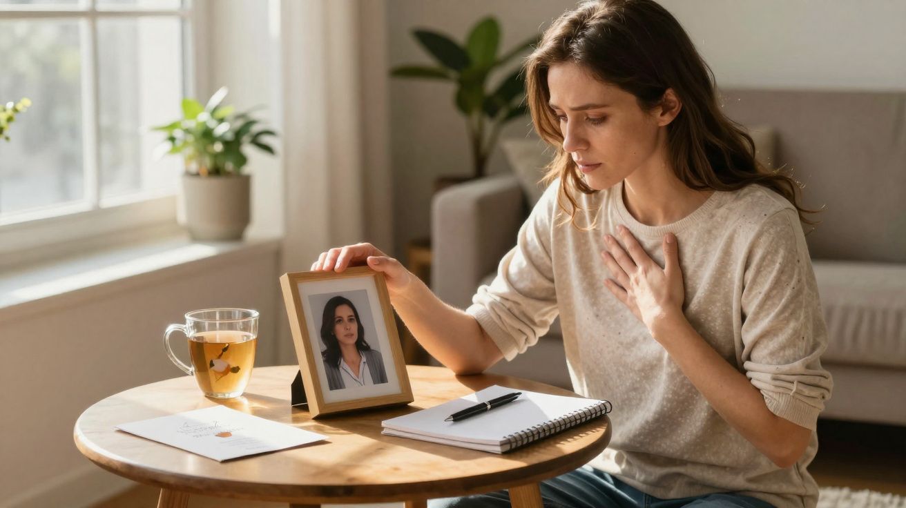 Mulher sentada a olhar tristemente para uma fotografia em moldura numa mesa com chá e caderno.