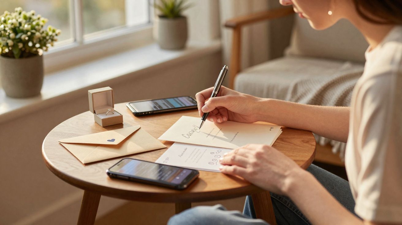Pessoa a escrever convite de casamento numa mesa com telemóveis, envelope e caixa com anel de noivado.