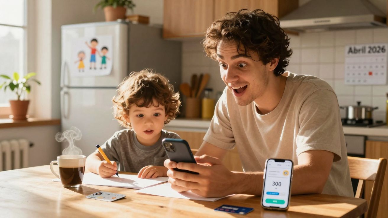 Homem e menino sentados à mesa na cozinha a usar telemóveis e a desenhar, com bebida quente à frente.