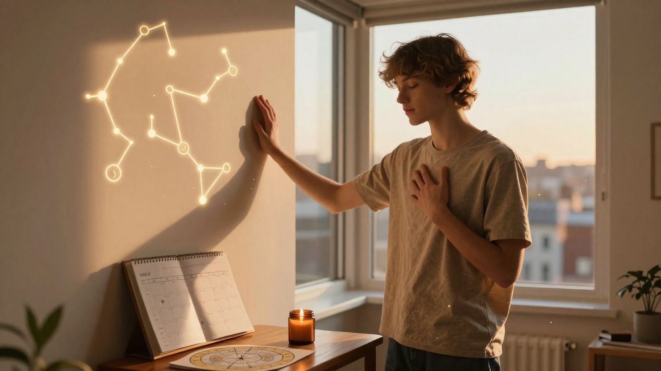 Jovem em pose meditativa junto à parede com constelações iluminadas e mesa com vela e calendário.